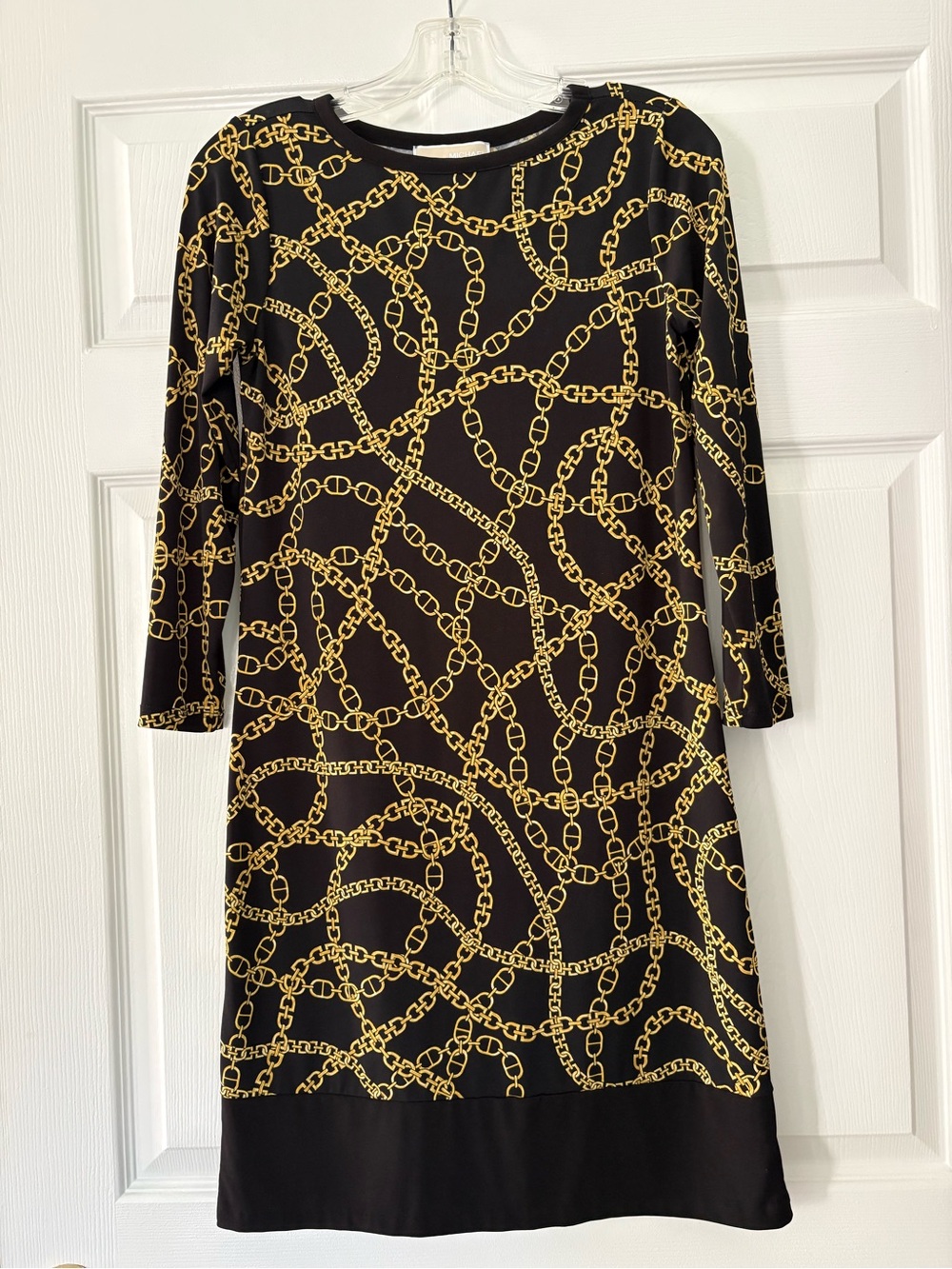 Michael Kors Black Gold chain-link print 3/4 Sleeve shift Dress size XS
